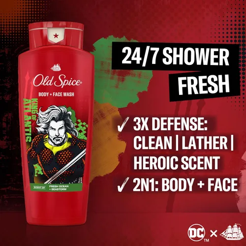 Vista 2 de Old Spice Paquete de gel de baño + desodorante antitranspirante, Aquaman King of Atlantis, frescura 24/7, Smell Like a Hero, Fresh Ocean + Seastorm