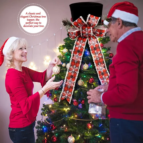 Vista 6 de Sombrero de adorno para árbol de Navidad, sombrero negro con lazo y cinta alargada - Adornos para árbol de Navidad para fiesta de Navidad, ornamento