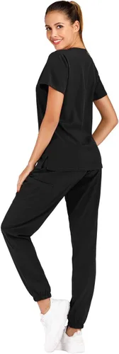Vista 3 de Minty Mint - Uniforme médico de mujer elástico y liso, camiseta de cuello en V y pantalones cargo deportivos decrecientes, XL, negro 1