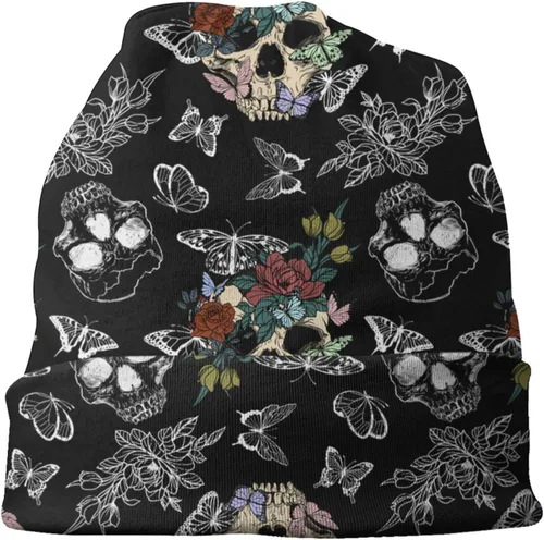 Vista 4 de Gorro de punto con diseño de calavera de azúcar y flores, para adultos, cálido, holgado, regalo para hombres y mujeres