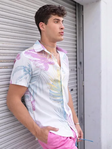 Vista 4 de Floerns Blusa de manga corta con botones y estampado tropical para hombre