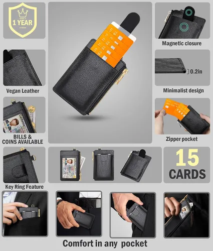 Vista 2 de LLi Cufite Tarjetero de cuero con bolsillo para dinero, billetera desplegable con bloqueo RFID, funda delgada para tarjetas bancarias con capacidad