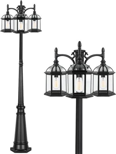Vista 9 de Lámpara de poste de luz para exteriores del atardecer al amanecer con 3 bombillas LED, poste de luz de calle de aluminio de triple cabezal
