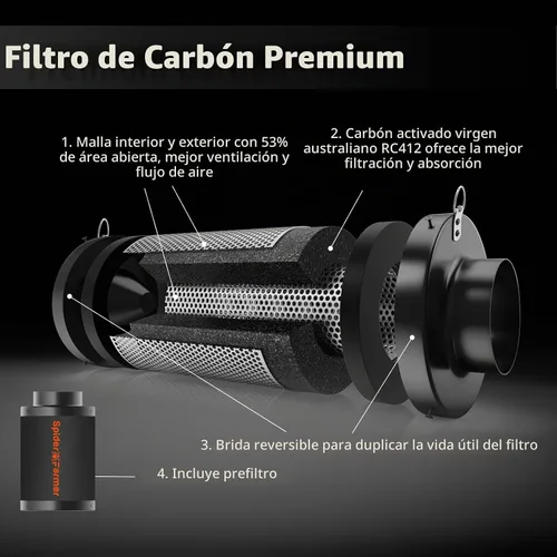 Vista 8 de Spider Farmer Filtro de carbono de 4 pulgadas para control de olores
