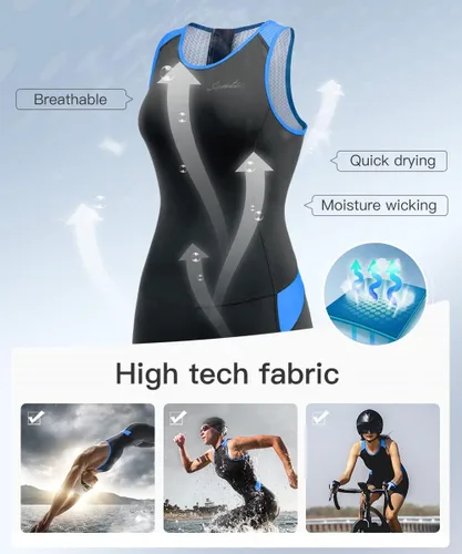 Vista 4 de Traje de triatlón de una pieza sin mangas para mujer, acolchado de secado rápido, adelgazante, para correr, nadar, ciclismo