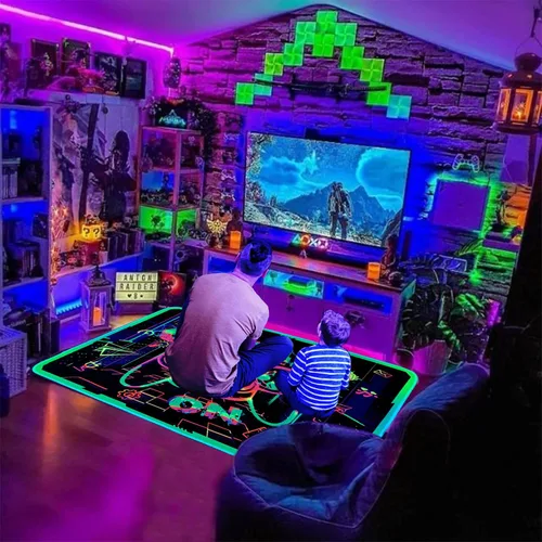 Vista 3 de Alfombra de área de juegos con luz negra para decoración de dormitorio, alfombra estampada de juegos, alfombra gamer que brilla en la luz negra