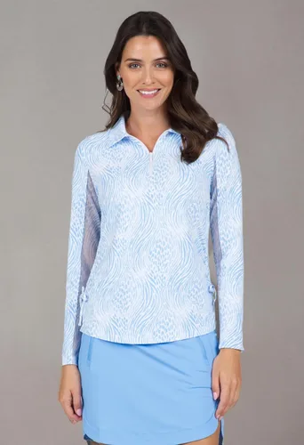 Vista 9 de IBKUL Athleisure Wear Polo de manga larga con protección solar UPF 50+ Icefil Cooling Tech Alena Print ajustable longitud larga - 48539 Peri/Blanco