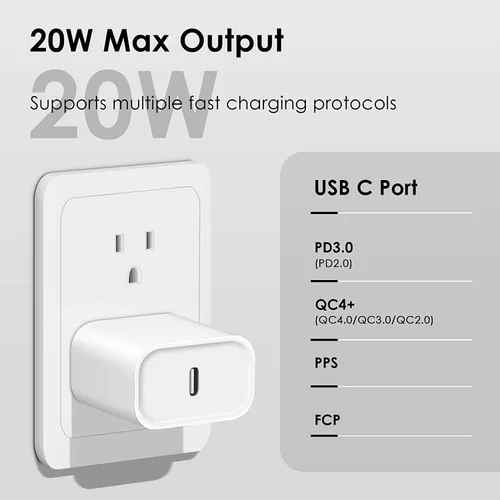 Vista 2 de Cargador rápido para iPhone, [certificado MFi] Bloque de carga rápida USB C de 20 W con cable de Tipo-C a Lightning de 10 pies, carga súper rápida