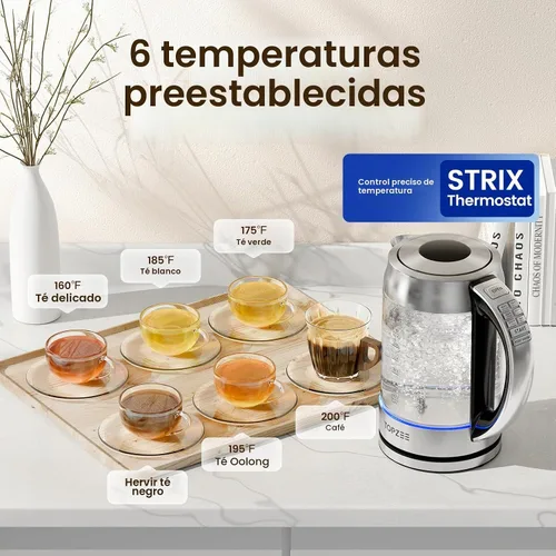 Vista 2 de TOPZEE Hervidor eléctrico de vidrio de 1.7L para café y té, caldera de agua caliente con 6 temperaturas preestablecidas, función de mantener