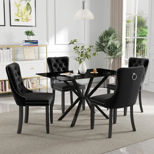Vista 34 de Juego de comedor moderno de cristal de lujo de 5 piezas, juego de comedor rectangular minimalista para 4, juego de mesa de cocina de vidrio