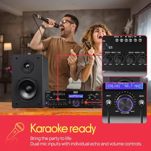 Vista 4 de Pyle Amplificador de potencia Bluetooth inalámbrico de 200 W, receptor estéreo de doble canal con lector flash USB, tarjeta SD, AUX, entrada