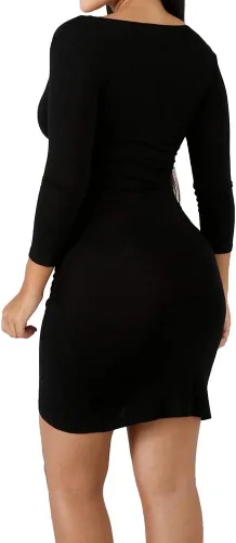 Vista 3 de ECHOINE - Vestido corto de manga larga con cuello en V profundo y hombros descubiertos, para mujer