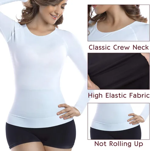 Vista 5 de +MD Camisetas de bambú para mujer para cintura y busto de manga larga, ropa interior térmica con cuello redondo