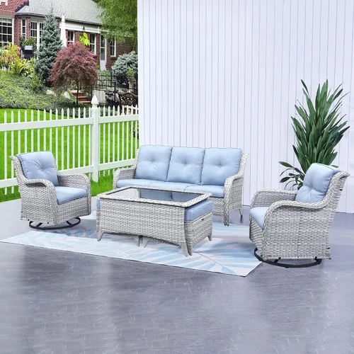 Vista 43 de HUMMUH Juego de 2 Sillas Giratorias Mecedoras de Mimbre para Patio Exterior, Juego de Muebles de Sillas Mecedoras de Ratán (Marrón, Azul) 50,000