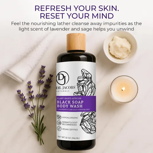Vista 7 de Dr Jacobs Naturals Auténtico jabón líquido negro africano con aroma a lavanda y salvia, lavado facial todo en uno, lavado corporal para piel