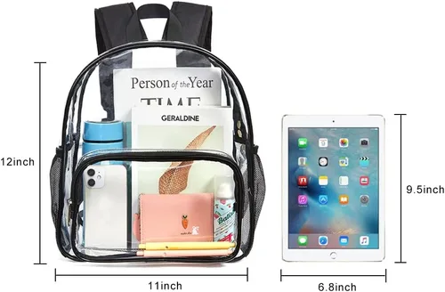 Vista 5 de Mini mochila transparente aprobada para estadios, mochila transparente resistente para conciertos, viajes de seguridad y estadio, Negro Pocket, M