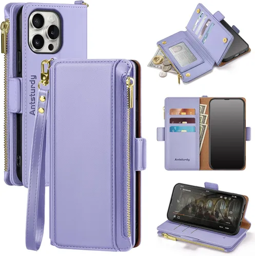 Vista 9 de Antsturdy Compatible con iPhone 15 Pro Max Funda Cartera para Mujeres【Bloqueo RFID】Funda de Teléfono Cruzada de Cuero PU con Cremallera y Correa