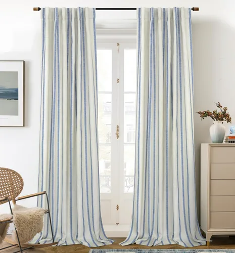 Vista 16 de DriftAway Cortinas opacas de mezcla de lino de granja de 90 pulgadas de largo para dormitorio, cortinas de lino con estampado de rayas verticales