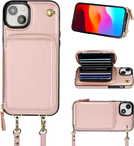 Vista 10 de Bocasal Funda tipo cartera cruzada para iPhone 15 Plus, funda de piel con bloqueo RFID y soporte para tarjetas, funda protectora con cremallera