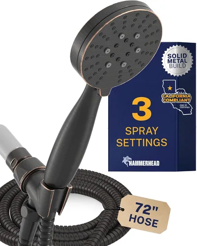 Vista 15 de HammerHead Showers Solid Metal 3-Spray Handheld Shower Head with Long Hose and Holder, High Pressure, Wide/Massage/Mist Sprays, Brushed Nickel, 1.75