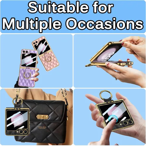 Vista 6 de Miimall Con protector de pantalla compatible con Samsung Z Flip 5, funda de cuero con soporte de anillo, cubierta trasera de cuero romboide de lujo
