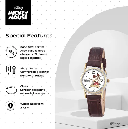 Vista 4 de Disney Mickey Watch - Watch for Women - Mickey Mouse Watches for Women Toys - 90s Mouse - Vintage - Articulating Hands - Gold Case - Brown Leather