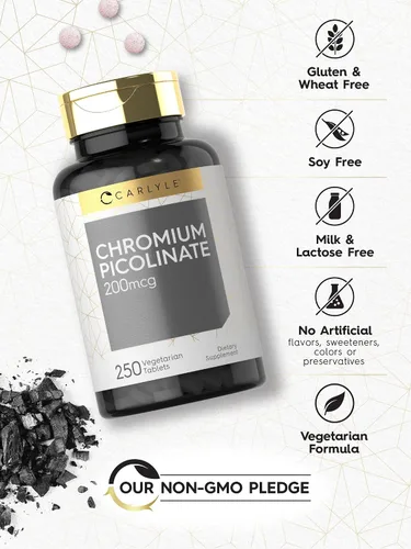 Vista 4 de Carlyle Picolinato de Cromo 200mcg 250 Tabletas Vegetarianas Alta absorción Suplemento sin OMG, sin gluten