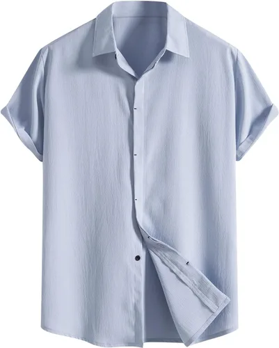 Vista 12 de Camisas de manga corta con botones de algodón y lino para hombre, estilo cubano, campamento, guayabera, playeras ligeras para verano