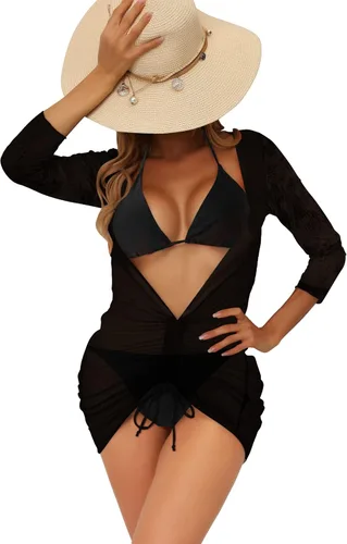 Vista 3 de Conjunto de bikini de 3 piezas para mujer, traje de baño triangular con parte inferior de tanga con malla para cubrir el traje de baño teñido anudado