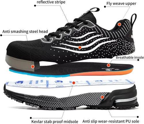 Vista 6 de Zapatos de punta de acero para hombres y mujeres, zapatos de seguridad ligeros, cómodos, con puntera de acero, zapatos de trabajo indestructibles