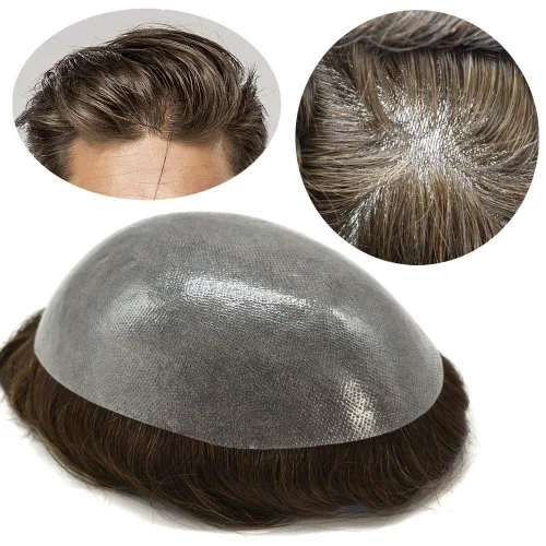 Vista 18 de Tupé para hombre de piel fina con inyección de poliuretano para hombre, unidad de peluca de cabello humano natural real, sistema de repuesto