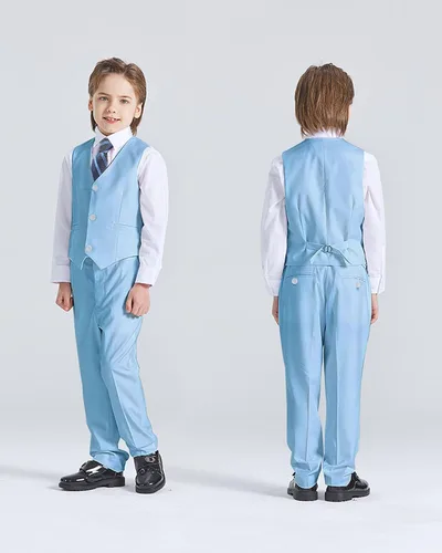 Vista 4 de YND Conjunto de traje ajustado de 5 piezas para niños, ropa formal sólida de chaqueta, chaleco, pantalones, camisa y corbata