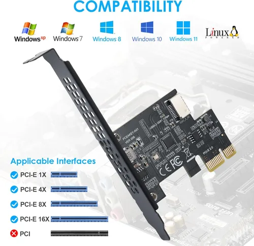 Vista 4 de Tarjeta de expansión PCI-E 1X a USB 3.2 GEN1 5Gbps Type-E A-Key, interfaz de panel frontal Type-C para PC de escritorio (ASM1042A)