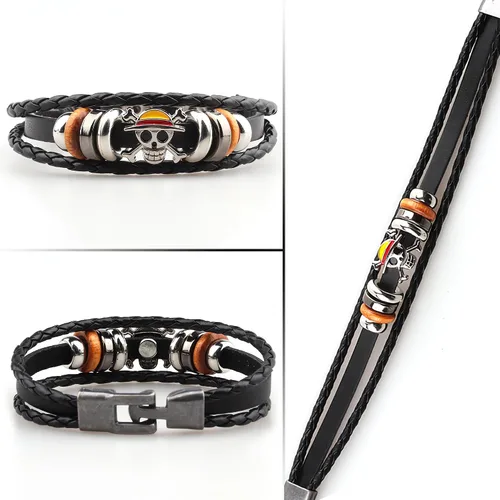 Vista 4 de Nuahyaz Pulseras de cuero de anime Sombrero de paja Luffy cráneo regimiento Pulsera de aleación punk, regalo de joyería de cosplay para fanáticos