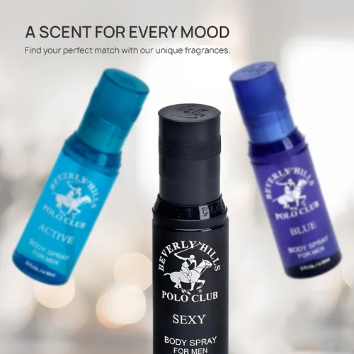 Vista 3 de Beverly Hills Polo Club Colección Signature Body Spray para hombre Juego de 3 piezas: azul, activo, sexy, fragancias versátiles para cada ocasión