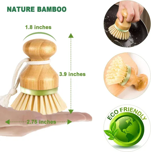 Vista 3 de Cepillo de bambú para platos, ollas, sartenes, fregadero de cocina, limpieza de sartén de hierro fundido, paquete de 2
