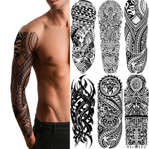 Vista 9 de Mangas temporales de tatuaje de bosque, brazo completo, lobo grande, león, animal, bosque, tribal, tatuajes falsos para hombres, mujeres y adultos