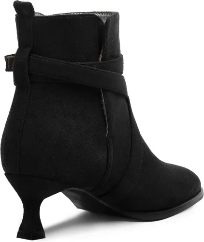 Vista 5 de MODENCOCO Vestido de gamuza para mujer, puntera redonda, correa de tobillo, hebilla de moda, tacón bajo, botas altas hasta el tobillo, 2 pulgadas