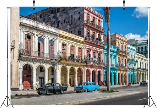 Vista 4 de BELECO Telón de fondo de tela de 5 x 3 pies para la calle de Cuba Ciudad Latinoamericana Vieja Habana Centro Calle Colorido Fondo de Casa Cuba