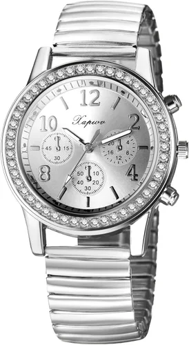 Vista 25 de JewelryWe Reloj de lectura fácil ultrafino para mujer con correa elástica de tono dorado/plateado
