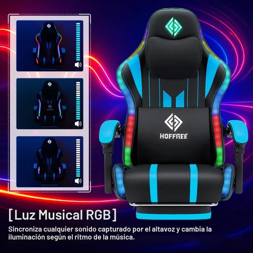 Vista 3 de HOFFREE Silla Gaming con Luces LED RGB de Ritmo Musical y Altavoces Bluetooth Silla Ergonómica de Gaming para Computadora con Masaje y Reposapiés
