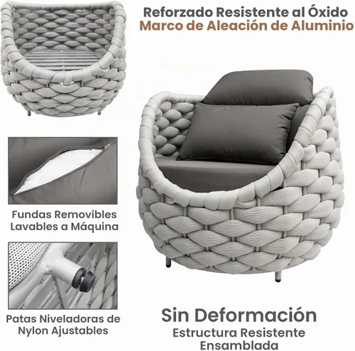 Vista 4 de Juego de muebles de patio de cuerda de 4 piezas: conjunto de sofás al aire libre de aluminio acolchado - sofá de conversación moderno ensamblado