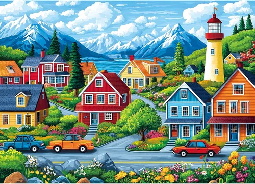 Vista 8 de Rompecabezas del Faro del Pueblo Costero de Nueva Inglaterra, 1000 Piezas, Arte Escénico Costero con Carruajes de Caballos, Estilo de Arte Popular