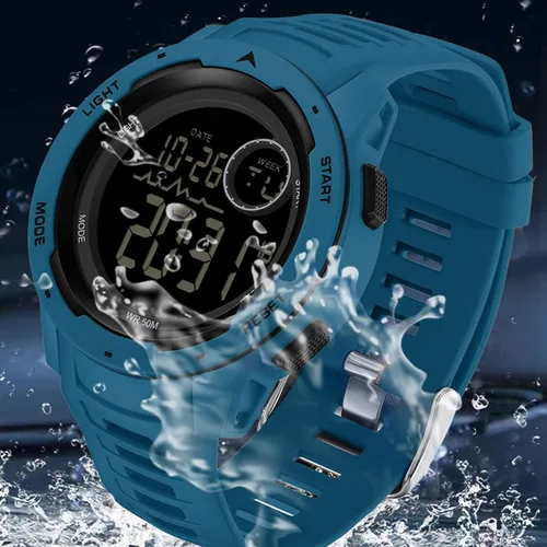Vista 6 de findtime Reloj deportivo digital rojo para hombre, reloj para hombre, táctico, militar, 5ATM, resistente al agua, para hombre, con luz LED, alarma