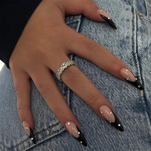 Vista 14 de BABALAL Uñas postizas largas a presión de estilo stiletto, uñas postizas francesas de lujo, con pegamento, diseño de diamantes de imitación
