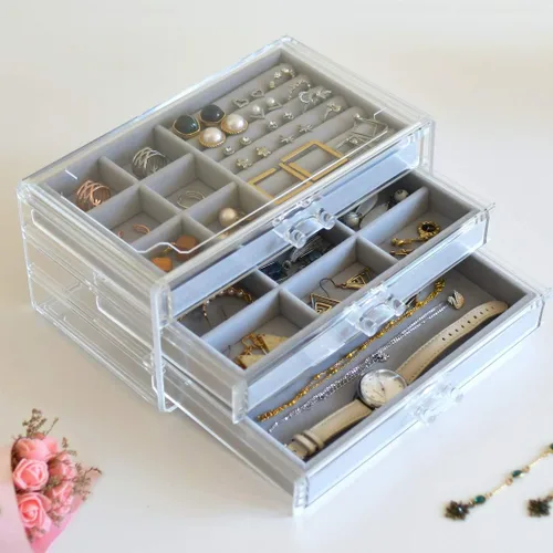 Vista 3 de HerFav Joyero de acrílico para mujer con 3 cajones para anillos, aretes y collares, estuche compacto para joyería, gris transparente