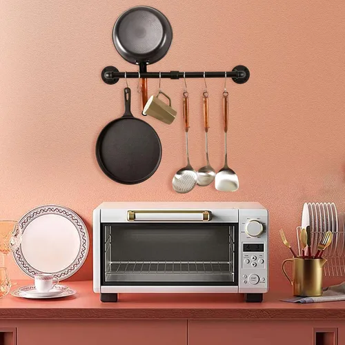 Vista 7 de Estante para ollas de tubería, soporte industrial para tapa de utensilios de cocina, organizador de cocina, barra colgante con ganchos en S