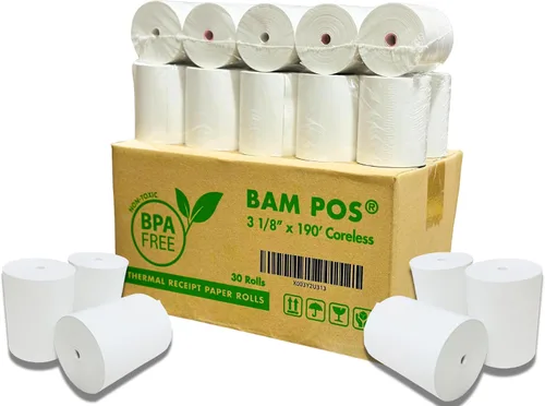 Vista 2 de BAM POS - Rollos de papel térmico para recibos, 3-1/8 x 190 pies, sin BPA (30 rollos)