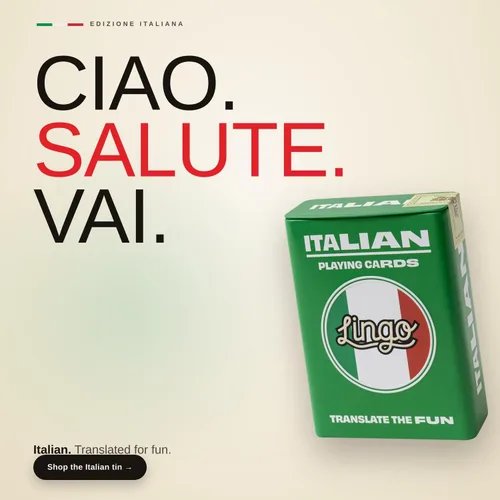 Vista 8 de Lingo Naipes italianos en lata de viaje premium Aprende vocabulario y frases italianas para adultos y principiantes Edición de caja de regalo