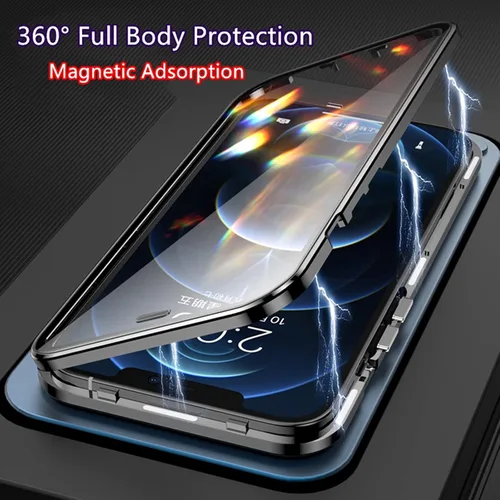 Vista 2 de Funda para iPhone 11 Pro Max, protección de doble cara de 360 grados compatible con Magsafe absorción magnética parachoques de metal frontal de Azul